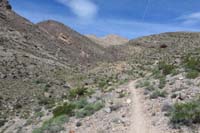 08-hiking_far_reaches_of_Big_Horn_Spur_trail,descending_into_wash_to_peak_in_distance